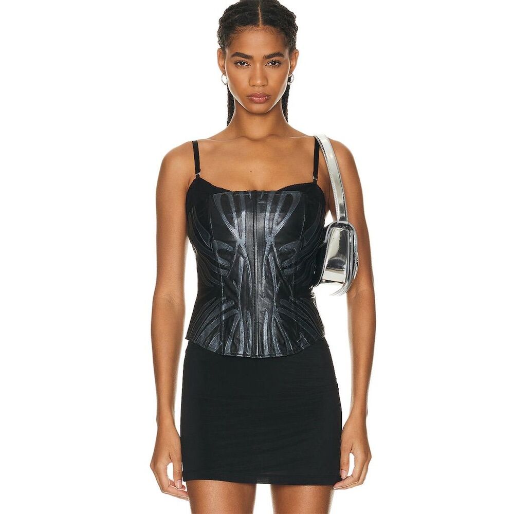 MIAOU Black Genuine Leather Chuck Corset Top Party Metallic Bustier XL